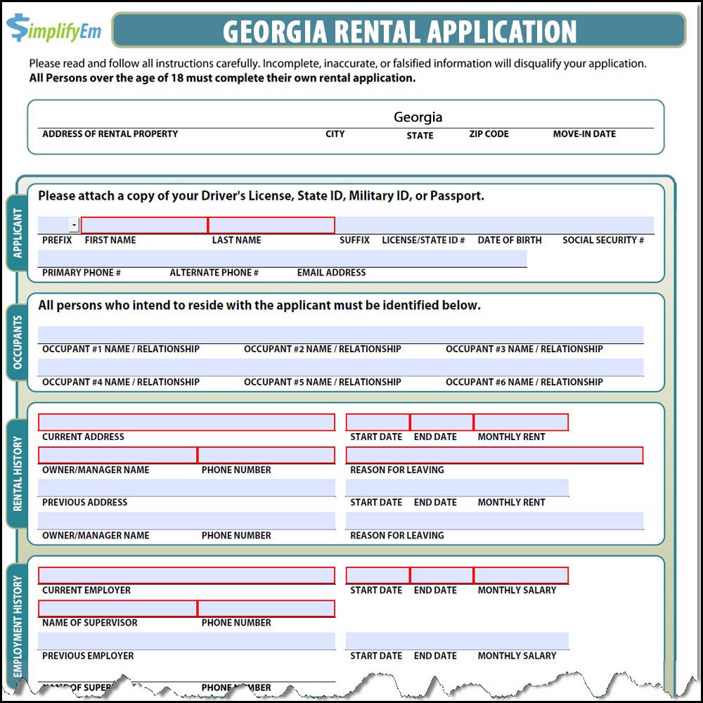 Free Printable Rental Application Georgia