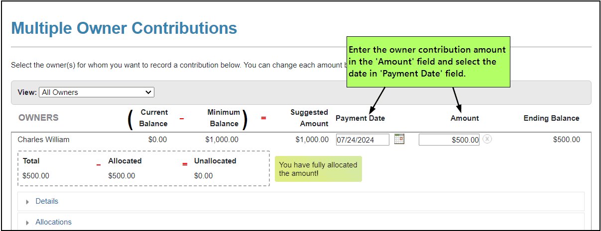 Owner's beginning balance