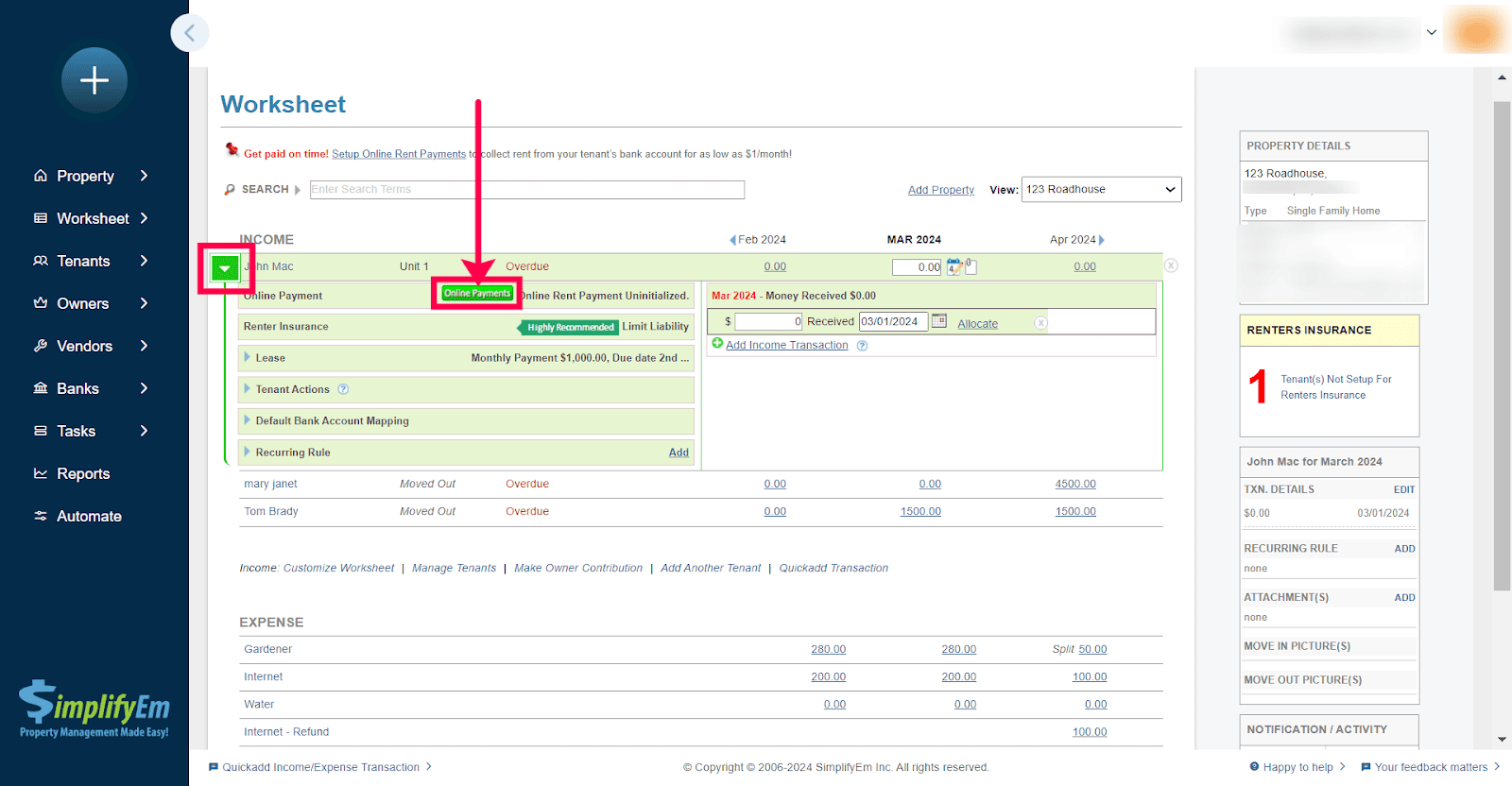 setup Online Rent Payment for my tenant