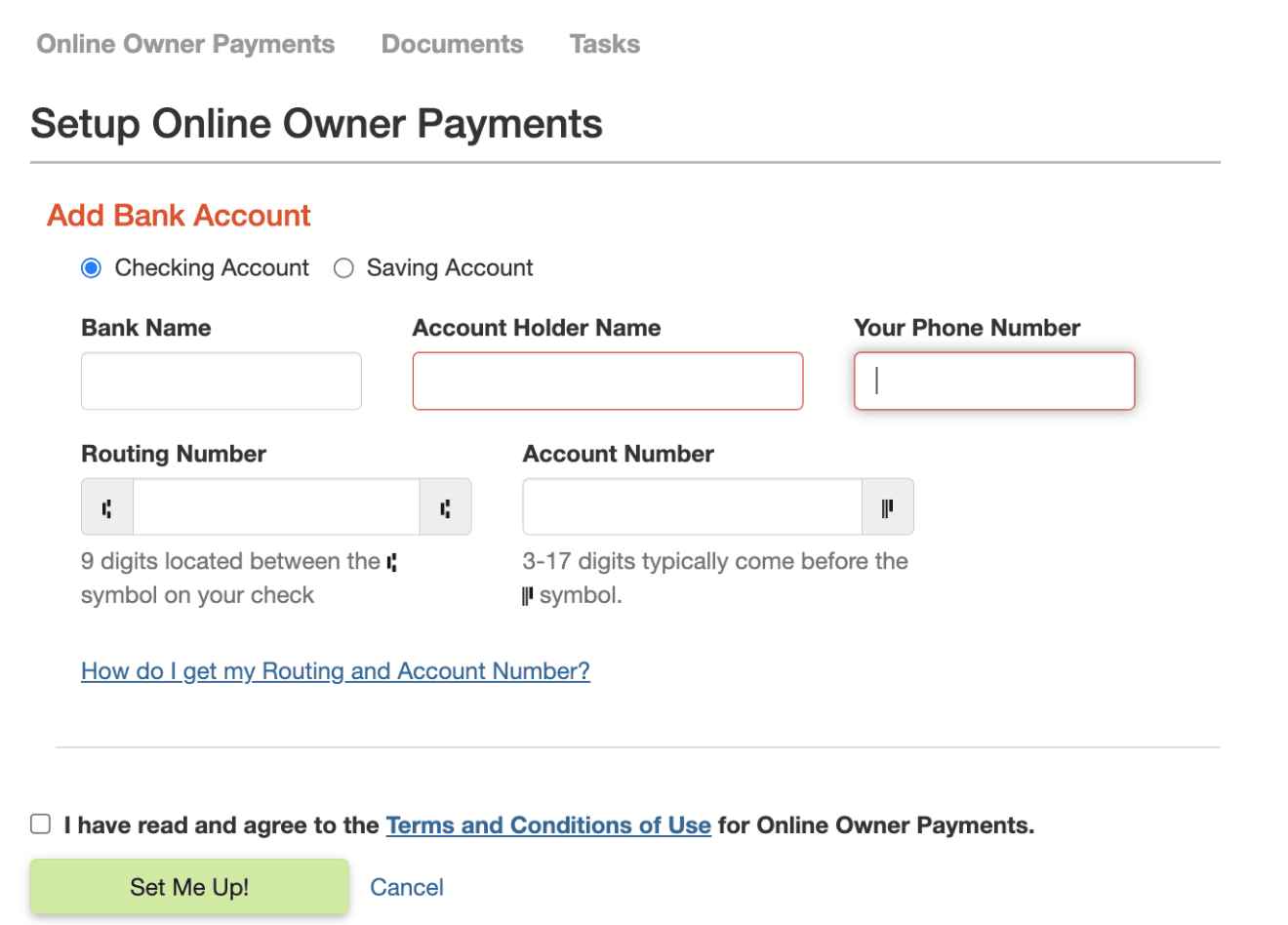 add bank account in Owner portal