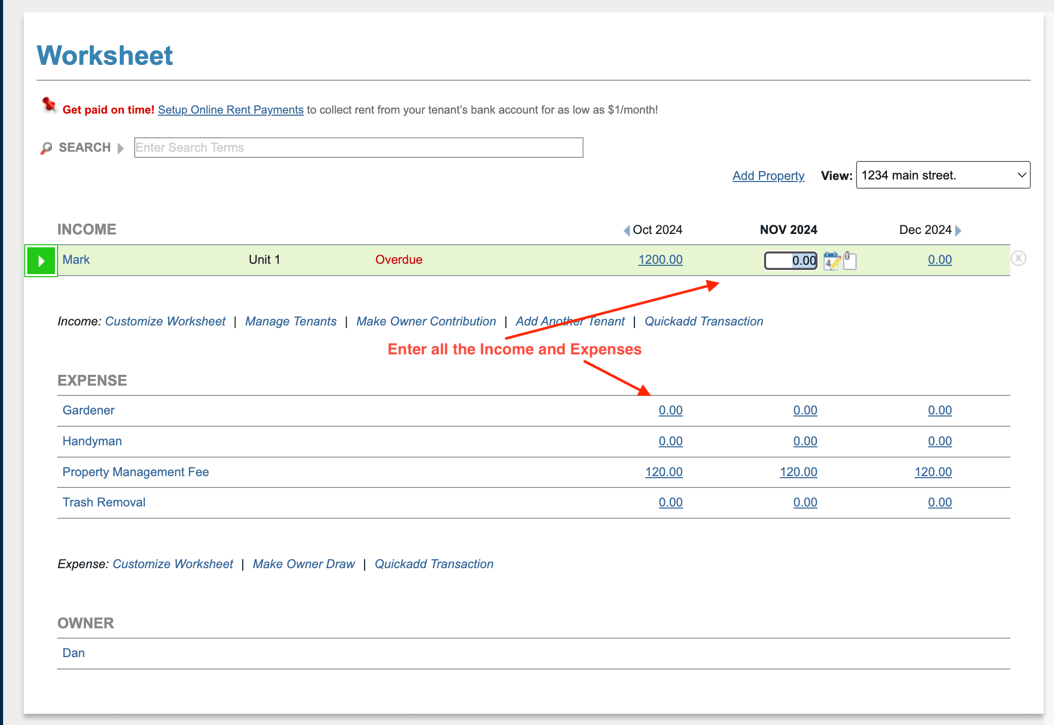 enter my old tenants lease transactions