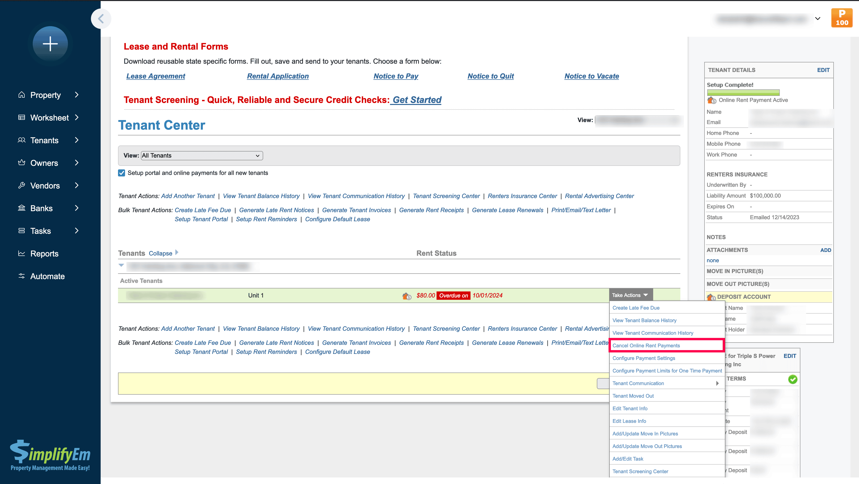 Why can’t I delete my tenant row on the worksheet