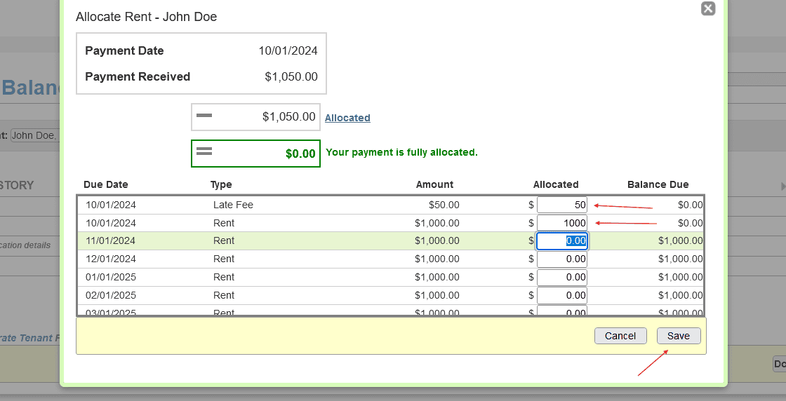 Un-allocate a rent amount